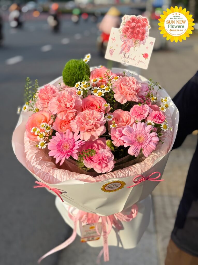 Bó hoa hồng cẩm chướng kết hợp đồng tiền tươi tắn ngọt ngào
