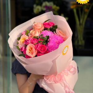 Bó hoa hồng cam đào phối cẩm tú cầu hồng