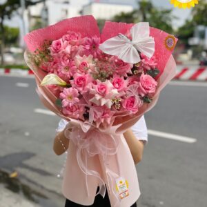 Bó hoa hồng hồng kết hợp hoa đồng tiền size lớn