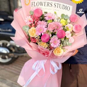 Bó hoa hồng kem kết hợp cúc đồng tiền hồng tươi