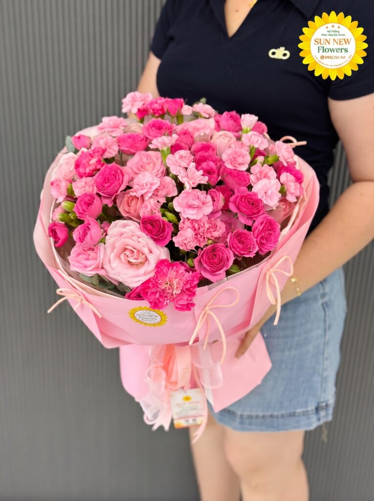 Bó hoa hồng kết hợp cẩm chướng hồng pastel cao cấp