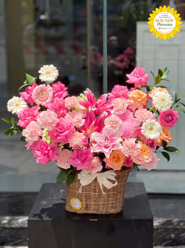 Giỏ hoa hồng mix ly hồng và đồng tiền hiện đại
