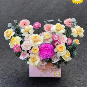 Giỏ hoa hồng vàng mix cúc đồng tiền hiện đại