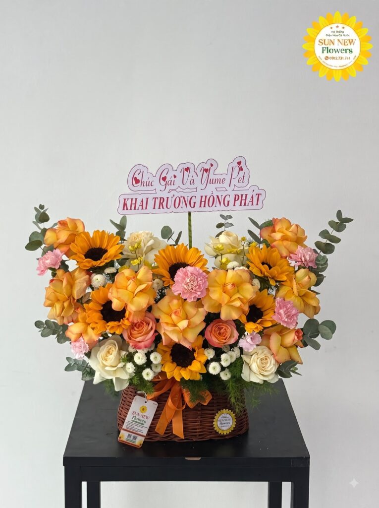 Giỏ hoa hướng dương kết hợp hồng vàng và cam thanh lịch