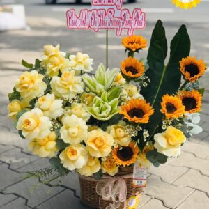 Giỏ hoa hướng dương phối hồng vàng chúc mừng khai trương