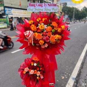 Kệ hoa khai trương đỏ cam hồng phát