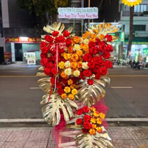 Kệ hoa khai trương đỏ cam nhũ vàng cao cấp