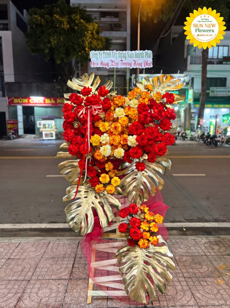Kệ hoa khai trương đỏ cam nhũ vàng cao cấp