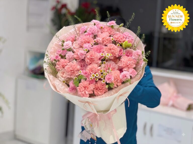 Bó hoa cẩm chướng hồng pastel ngọt ngào