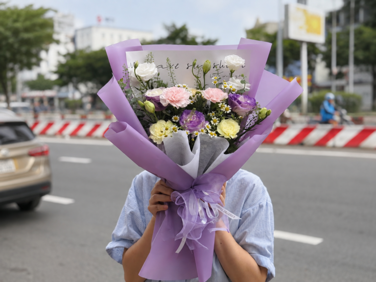 Bó hoa cát tường tím kết hợp cẩm chướng nhẹ nhàng xinh xắn