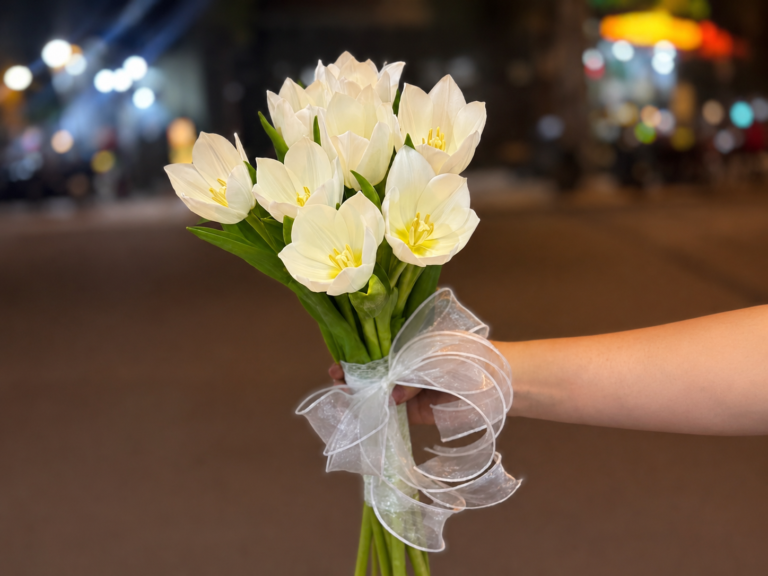 Bó hoa cưới tulip trắng cầm tay tối giản