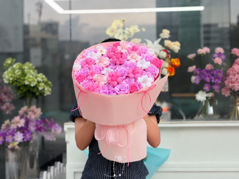 Bó hoa hồng pastel dáng tròn Hàn Quốc