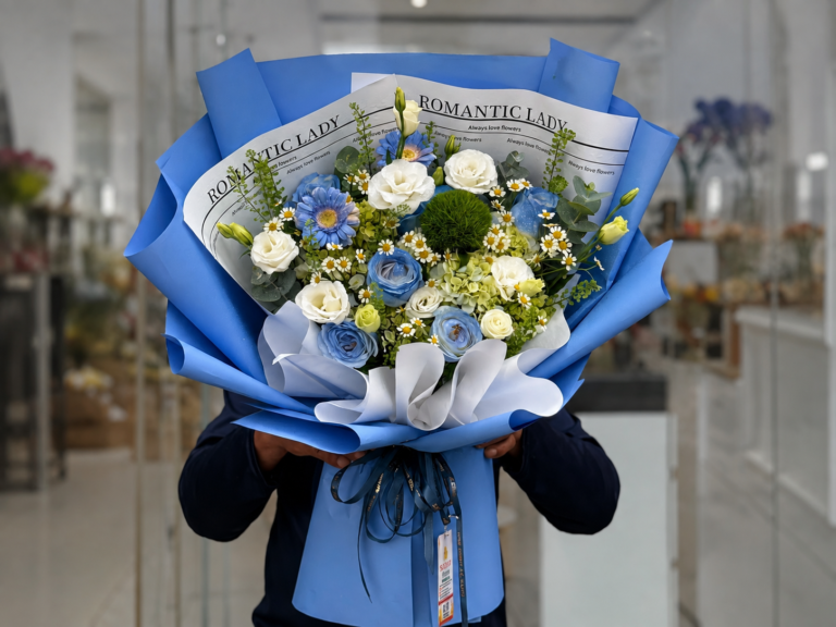 Bó hoa hồng xanh kết hợp cát tường trắng cao cấp