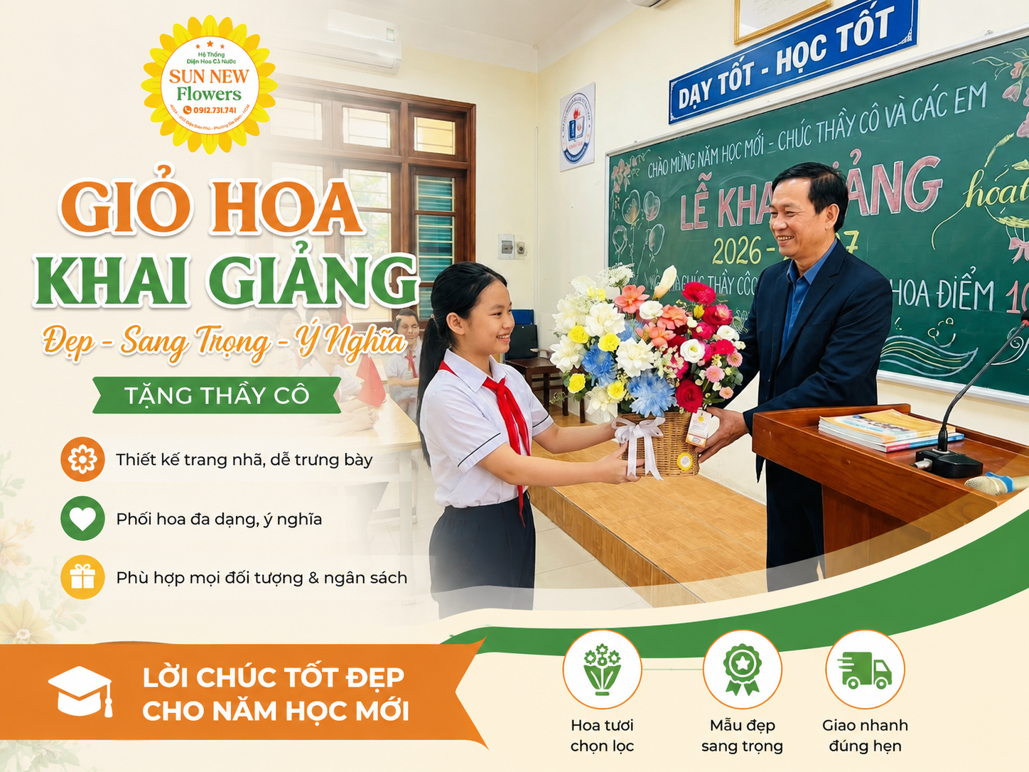 Giỏ Hoa Khai Giảng Đẹp, Sang Trọng, Ý Nghĩa Tặng Thầy Cô