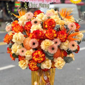 Giỏ hoa hồng cam mix thiên điểu chúc mừng khai trương