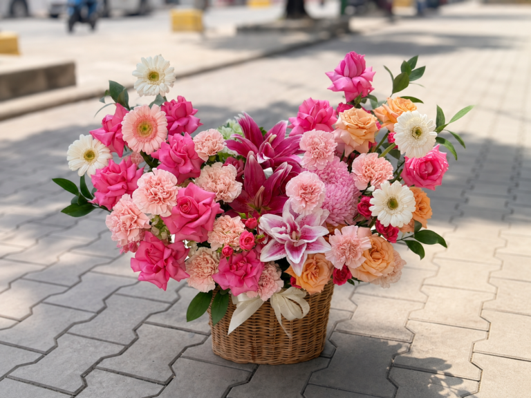 Giỏ hoa hồng mix ly hồng và đồng tiền hiện đại