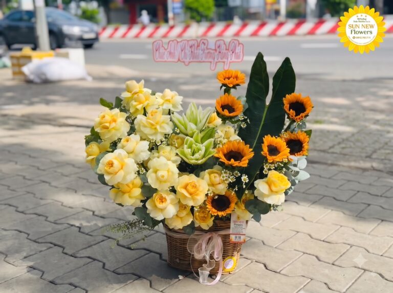 Giỏ hướng dương và baby trắng tặng thầy cô