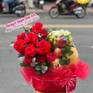 Giỏ trái cây khai trương kết hợp hoa hồng đỏ cao cấp