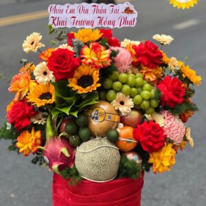 Giỏ trái cây khai trương kết hợp hoa hướng dương đỏ cao cấp
