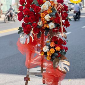 Kệ hoa khai trương đỏ cam hồng phát sang trọng
