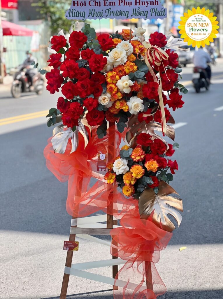 Kệ hoa khai trương đỏ cam hồng phát sang trọng