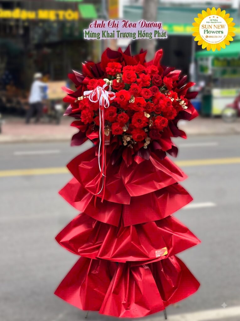 Kệ hoa khai trương đỏ rực rỡ hồng phát