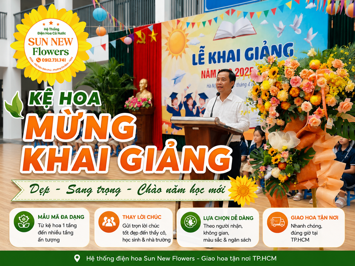 Kệ hoa mừng khai giảng đẹp, sang trọng chào năm học mới