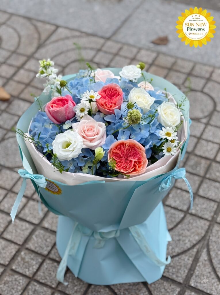 Bó hoa cẩm tú cầu xanh mix hồng cam tươi tắn