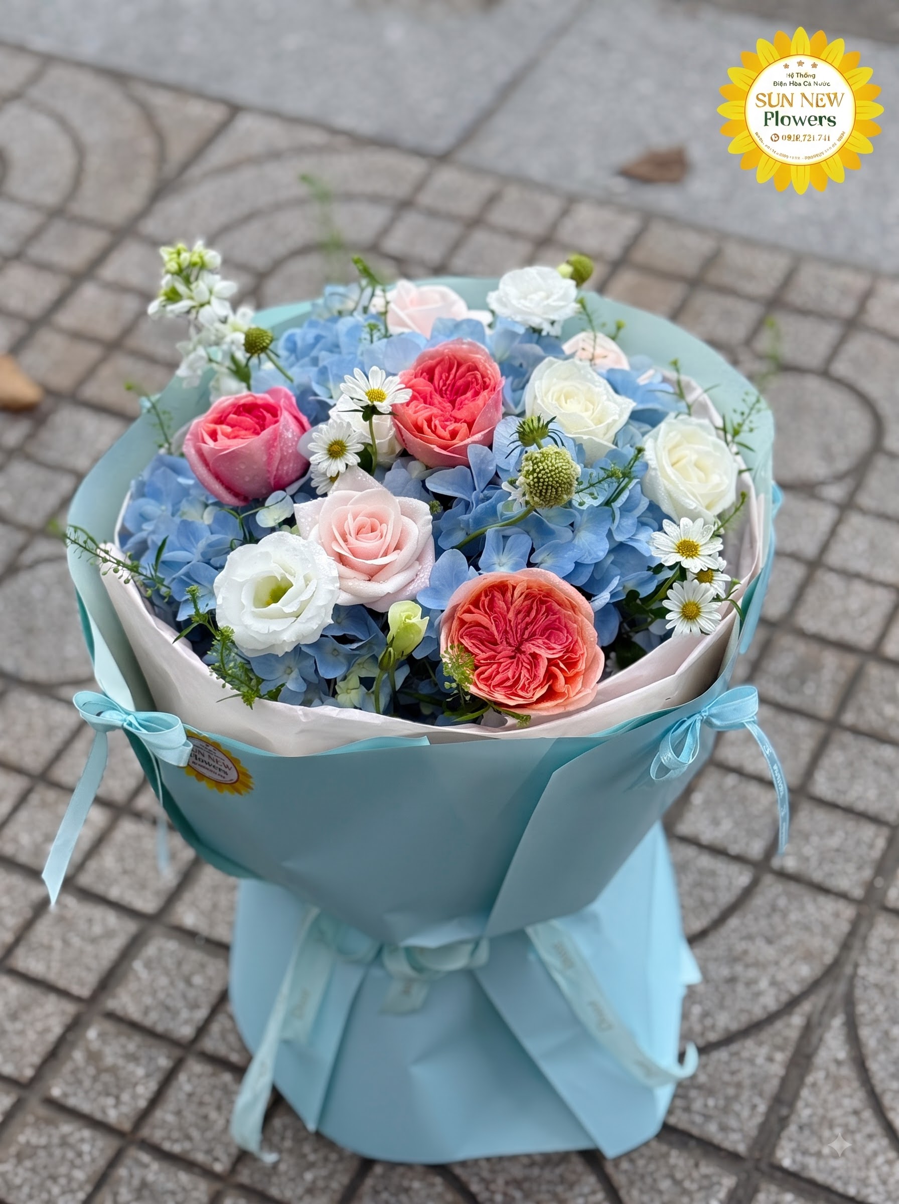 Bó hoa cẩm tú cầu xanh mix hồng cam tươi tắn – BH094