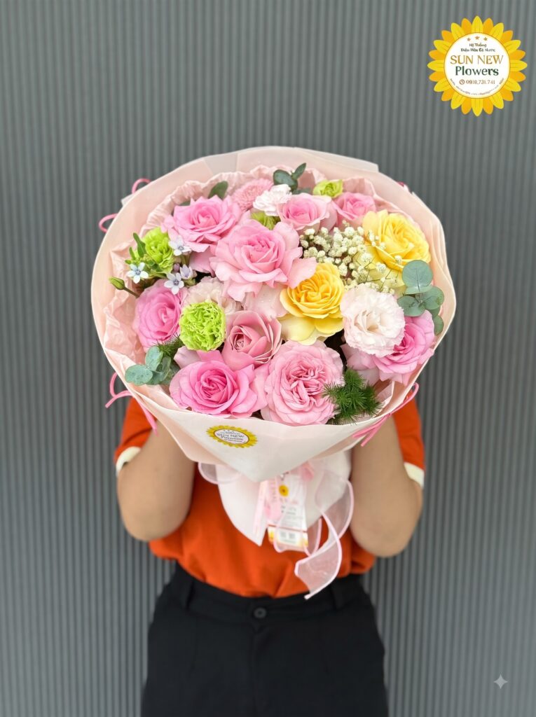 Bó hoa hồng pastel mix hoa hồng vàng tươi tắn