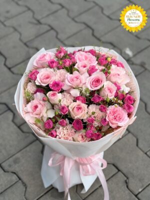 Bó hoa hồng pastel mix hồng đậm ngọt ngào – BH090
