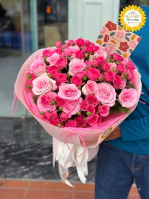 Bó hoa hồng pastel mix hồng đậm tiểu muội – BH091