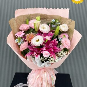 Bó hoa ly hồng mix cát tường và cúc đồng tiền