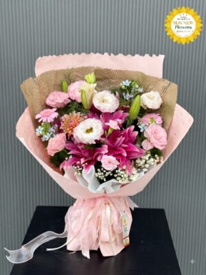 Bó hoa ly hồng mix cát tường và cúc đồng tiền – BH097