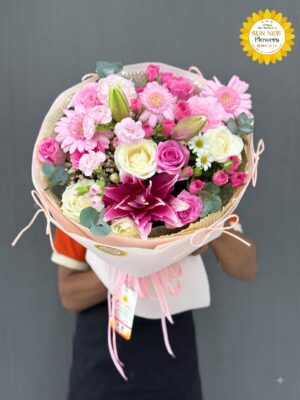 Bó hoa ly hồng mix hoa hồng và cúc đồng tiền – BH098