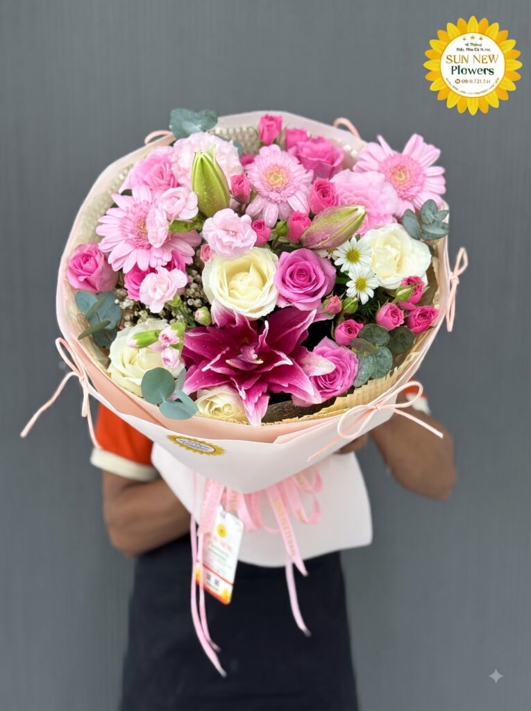 Bó hoa ly hồng mix hoa hồng và cúc đồng tiền