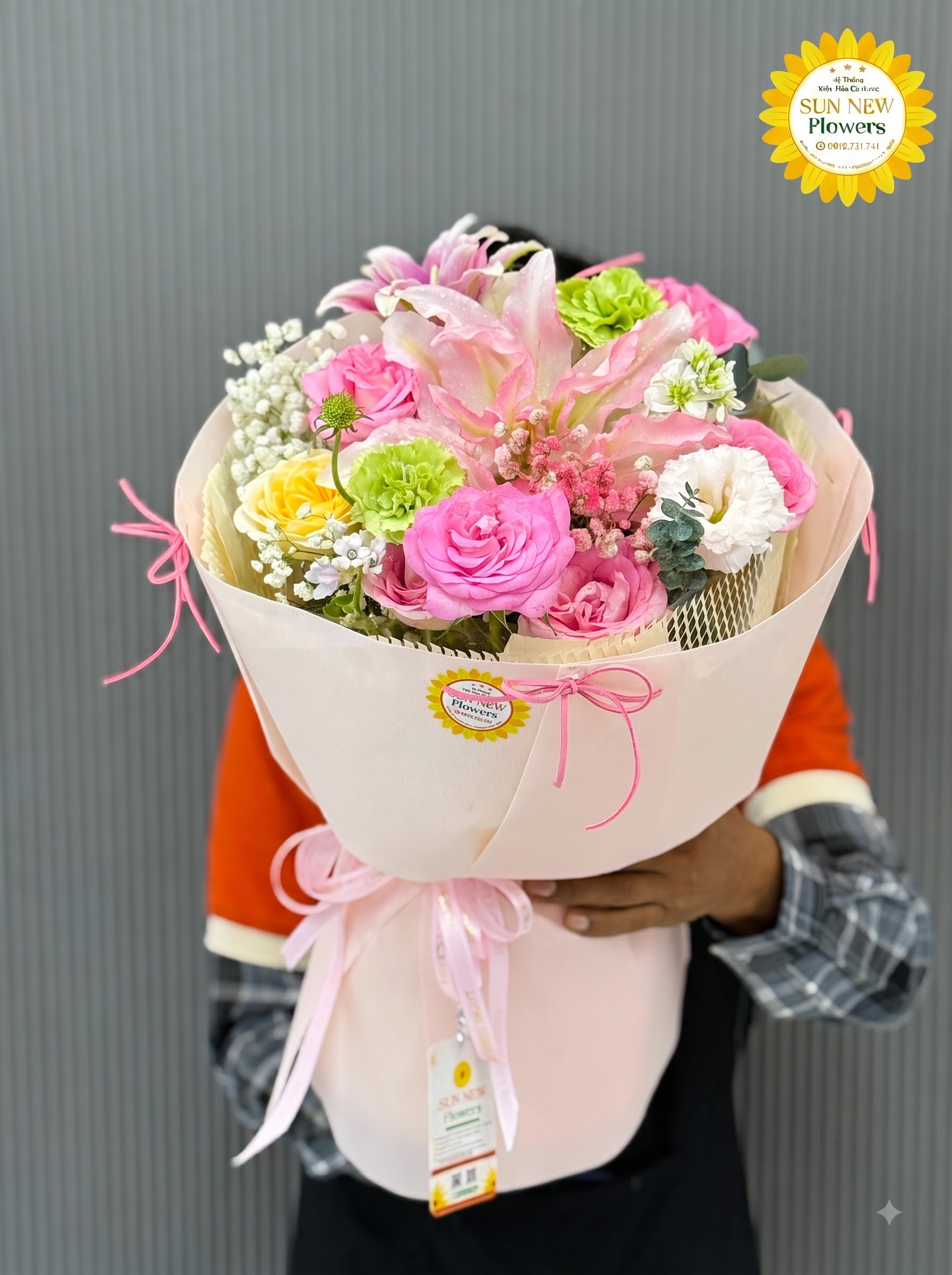 Bó hoa ly hồng mix hồng pastel và cẩm chướng xanh – BH101