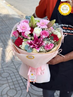 Bó hoa ly hồng mix hồng và cúc đồng tiền rực rỡ – BH096