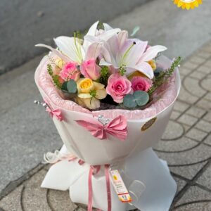 Bó hoa ly trắng hồng mix hoa hồng pastel