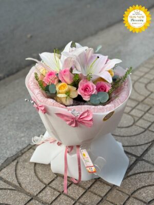 Bó hoa ly trắng hồng mix hoa hồng pastel – BH103