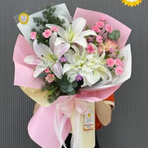 Bó hoa ly trắng mix cẩm chướng hồng